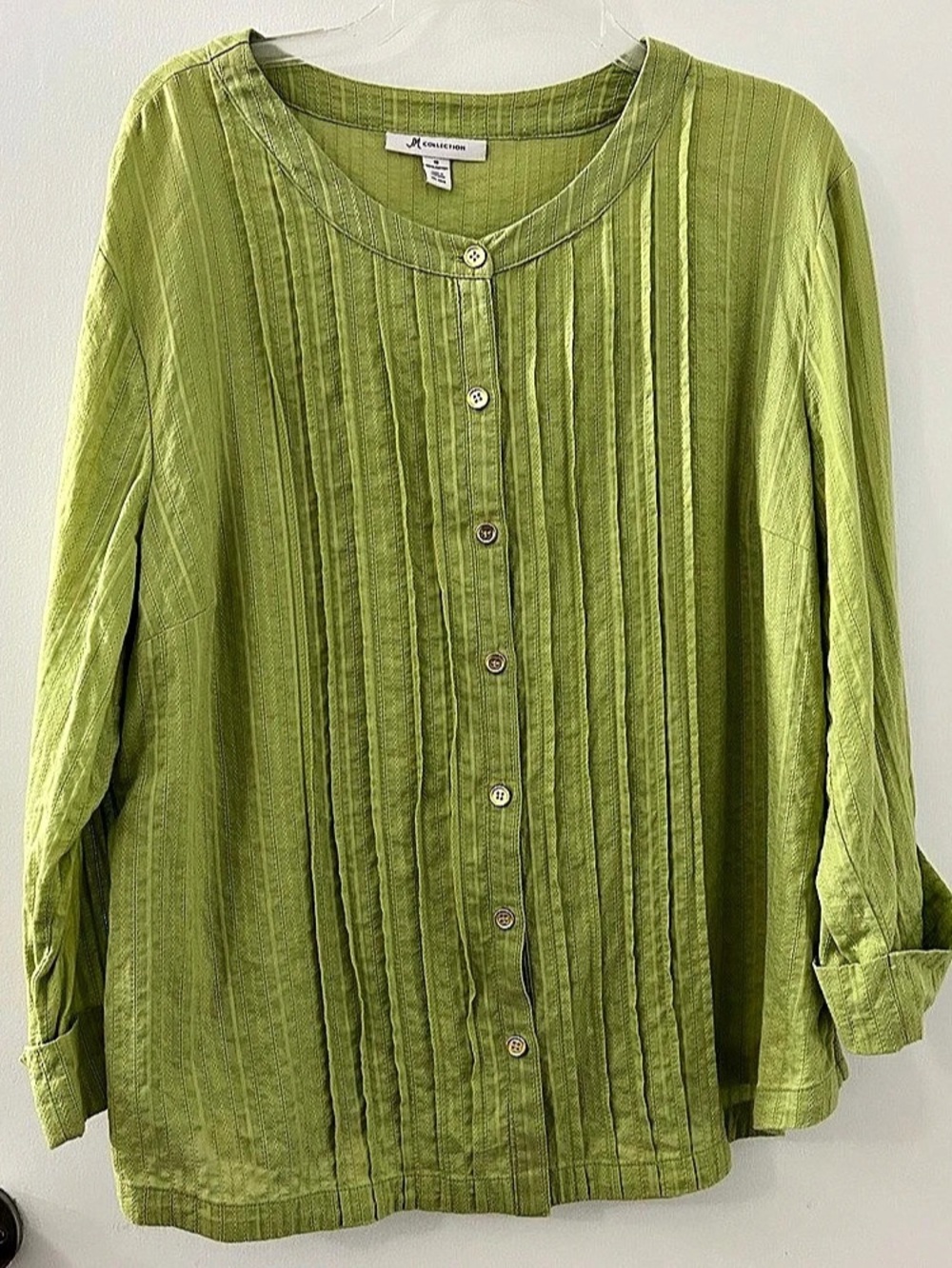 JM Collection Long Sleeve Cotton Button Front in Green Size 18
